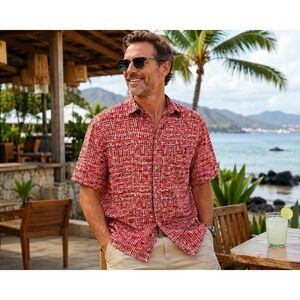 Tommy Bahama Island Zone Camp Shirt L Red Geometric Modal Button Up Casual